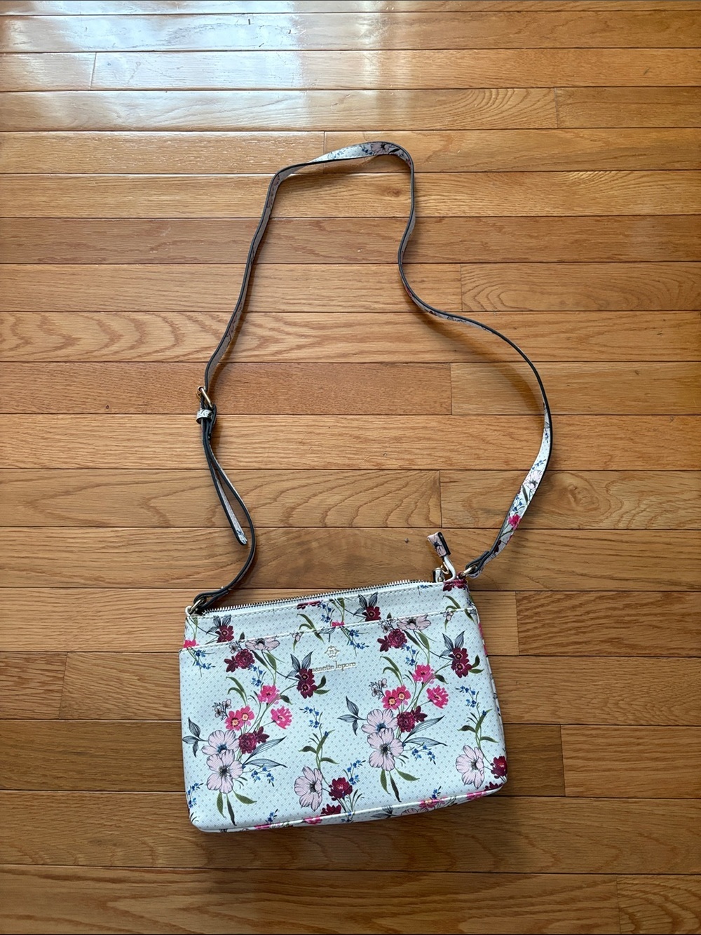 Nanette Lepore White Floral Crossbody with Pink & Burgundy Blooms